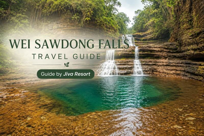The iconic three-tiered cascade of Wei Sawdong Falls showing emerald green water pools in Cherrapunjee.
